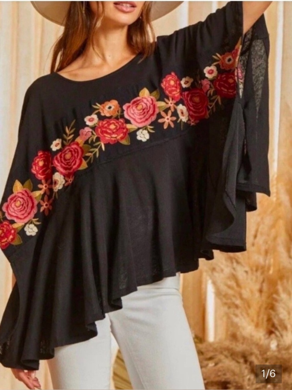 Savanna Jane Black Floral Embroidered Poncho Top Boho Oversized 2X/3X